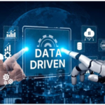 human hand pointing on a data driven screen and AI hand pointing on the same screen