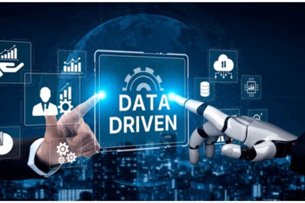 human hand pointing on a data driven screen and AI hand pointing on the same screen