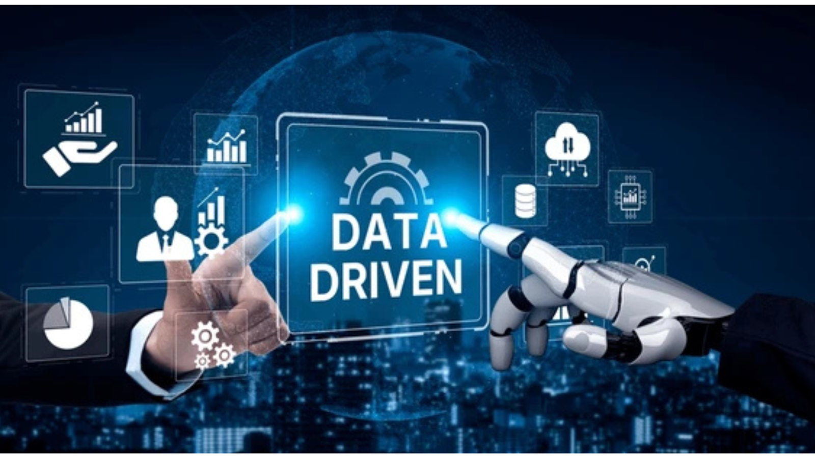human hand pointing on a data driven screen and AI hand pointing on the same screen